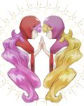  2girls absurdres blonde_hair capelet closed_eyes dragon_quest dragon_quest_ii dual_persona halo highres hood hood_up hooded_capelet long_hair multiple_girls nogo_(nogo_059) official_alternate_hair_color own_hands_together pink_capelet pink_hair princess_of_moonbrook red_capelet red_trim robe white_background white_robe wide_sleeves 