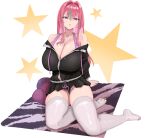  1girl absurdres arm_support arms_behind_back azur_lane bare_shoulders black_jacket black_skirt breasts bremerton_(azur_lane) bremerton_(relaxation_consultation)_(azur_lane) carpet cleavage collarbone commentary cushion drawstring earrings full_body grey_streaks hair_between_eyes hair_down hair_intakes highres jacket jewelry large_breasts long_hair long_sleeves looking_at_viewer miniskirt mole mole_on_breast mole_under_eye multicolored_hair off_shoulder official_alternate_costume official_alternate_hairstyle parted_lips pink_eyes pink_hair purple_tank_top shadow sidelocks simple_background sitting skindentation skirt solo star_(symbol) stinko streaked_hair tank_top thighhighs toeless_legwear two-tone_hair white_background white_thighhighs yokozuwari zettai_ryouiki 