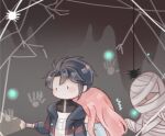  1boy 1girl 1other adapted_costume aeon_(shining_nikki) ambiguous_gender black_shirt blue_hair blue_jacket blue_shirt blush_stickers bug chibi chinese_commentary commentary_request cube expressionless flashlight handprint haunted_house_(attraction) holding holding_flashlight hood hood_down hooded_jacket hug hug_from_behind indoors interruption_(echo-023) jacket layered_shirt long_hair long_sidelocks long_sleeves looking_ahead messy_hair mummy nikki_(nikki) nikki_(series) no_mouth open_clothes open_jacket pink_hair print_shirt puffy_long_sleeves puffy_sleeves scared shining_nikki shirt short_hair sidelocks silk solid_oval_eyes spider spider_web trembling turtleneck turtleneck_shirt upper_body very_long_hair wavy_hair white_shirt 