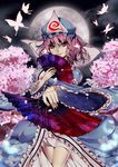  black_nails bug butterfly cherry_blossoms fan full_moon hat highres insect japanese_clothes looking_at_viewer moon nail_polish purple_hair rakkou red_eyes saigyouji_yuyuko short_hair smile solo touhou 