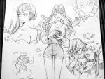  breasts camera carly_nagisa cleavage coke-bottle_glasses commentary dress english_commentary eyewear_on_head genderswap genderswap_(mtf) glasses gloves graphite_(medium) hetero holding holding_camera holding_hands jack_atlas long_hair multiple_views nomae.jie open_mouth photo_(medium) shorts smile traditional_media yu-gi-oh! yu-gi-oh!_5d's 
