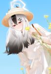  1girl absurdres alternate_costume artist_name bag black_choker black_hair blue_archive blue_sky boater_hat bow bright_pupils choker clear_sky commentary earclip flower freesia_(flower) gradient_hair grin hair_between_eyes hair_ornament hairclip halo hat hat_bow highres hschant kayoko_(blue_archive) leaning_to_the_side long_hair multicolored_hair parallel_hairclips red_eyes shirt sky smile solo twitter_username upper_body white_bow white_hair white_pupils white_shirt yellow_flower 