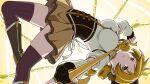  1girl 6kan arm_warmers blonde_hair boots breasts brown_boots brown_corset brown_hat brown_thighhighs commentary_request corset drill_hair fingerless_gloves gloves hat highres knee_boots large_breasts looking_at_viewer low_twintails magical_girl mahou_shoujo_madoka_magica mahou_shoujo_madoka_magica_(anime) neck_ribbon parted_lips puffy_short_sleeves puffy_sleeves ribbon short_sleeves skirt solo striped_clothes striped_thighhighs thighhighs tomoe_mami tomoe_mami_(magical_girl) twin_drills twintails vertical-striped_clothes vertical-striped_thighhighs white_arm_warmers yellow_eyes yellow_ribbon yellow_skirt 