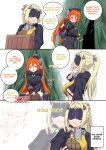  2girls absurdres blonde_hair blush breasts commentary dragon_girl dragon_horns dragon_tail english_commentary english_text green_eyes highres horns implied_fellatio large_breasts long_hair mechanical_tail multiple_girls open_mouth orange_hair orphie_magnusson pointy_ears ponytail sideboob simple_background sunoyukey tail thick_thighs thighhighs thighs trigger_(zenless_zone_zero) twintails white_background zenless_zone_zero 