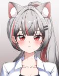  1girl absurdres animal_ear_fluff animal_ears blush breasts cat_ears cat_girl charachan900 cleavage closed_mouth collared_shirt commentary_request diamond_earrings earrings gradient_background grey_background grey_hair highres jewelry korean_commentary long_hair looking_at_viewer multicolored_hair neneko_mashiro open_clothes open_shirt pink_streaks ponytail portrait red_eyes shirt solo stellive straight-on straight_hair streaked_hair virtual_youtuber white_shirt wide_ponytail 