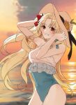  1girl blonde_hair blush bow breasts commentary_request departure_sgh ereshkigal_(fate) ereshkigal_(swimsuit_beast)_(fate) fate/grand_order fate_(series) frilled_one-piece_swimsuit frills hair_bow hair_ribbon hat highleg highleg_one-piece_swimsuit korean_commentary long_hair looking_at_viewer medium_breasts o-ring o-ring_one-piece_swimsuit one-piece_swimsuit open_mouth parted_bangs red_eyes ribbon sky smile solo sunset swimsuit two-tone_one-piece_swimsuit two-tone_swimsuit two_side_up 