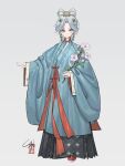  1girl absurdres alternate_costume alternate_hairstyle branch chinese_clothes chinese_commentary closed_mouth commentary_request commission earrings fanlingshan feixianji_(hairstyle) flower full_body green_eyes grey_hair hair_ornament hair_rings hair_stick hanfu highres holding jewelry jiaoling_ruqun long_sleeves looking_at_viewer luo_tianyi mamianqun parted_bangs peach_blossom pink_flower short_hair sidelocks_tied_back signature simple_background smile solo standing tachi-e taozhi_taozhi vocaloid vsinger_(vocaloid) white_background wide_sleeves yuntouxie 