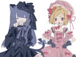  2girls :d alternate_costume black_bow black_dress blonde_hair blue_bow blue_hair blunt_bangs bow cat_girl cat_tail closed_eyes cup dress frederica_bernkastel hair_bow hands_on_own_hips highres jibun_dake_ga_shinjirarenai lambdadelta multiple_girls pink_dress red_bow red_eyes smile tail tail_bow tail_ornament teacup umineko_no_naku_koro_ni upper_body 