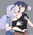  2girls alt_text artist_name belle_(zenless_zone_zero) black_hair black_nails blush brown_hair closed_eyes closed_mouth commentary english_commentary gradient_hair grey_background grey_eyes heart hickey highres hug hug_from_behind long_hair multicolored_hair multiple_girls open_mouth pointy_ears purple_hair sealchomps spoken_heart streaked_hair vivian_banshee white_hair yuri zenless_zone_zero 