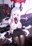  1girl absurdres anti-materiel_rifle arm_support armband black_choker black_gloves black_pantyhose black_skirt blue_archive blurry breasts bullet chair choker cleavage coat collarbone collared_shirt commentary_request demon_girl demon_horns demon_tail demon_wings depth_of_field desk eyeshadow gloves gun hair_between_eyes hair_ornament hairclip halo head_tilt highres horns indoors large_breasts long_hair looking_at_viewer makeup mouth_hold office_chair on_desk original pantyhose pencil_skirt pointy_ears red_armband red_eyes red_eyeshadow red_halo rifle shirt side_slit sidelocks sitting skirt sleeveless sleeveless_shirt sniper_rifle solo solothurn_s-18/100 sun_(treeplanting) sunlight swivel_chair tail torn_clothes torn_pantyhose treeplanting unworn_coat weapon white_hair white_shirt window wings 