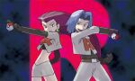  1boy 1girl arm_across_neck belt black_gloves black_shirt blue_hair breasts brown_belt clenched_hand closed_mouth crop_top cropped_jacket curtained_hair earrings elbow_gloves eyelashes gloves holding holding_poke_ball holding_with_gesture jacket james_(pokemon) jessie_(pokemon) jewelry long_hair long_sleeves lowres midriff navel official_art open_mouth outstretched_arm pants pink_hair poke_ball poke_ball_(basic) pokemon pokemon_(anime) pokemon_tcg salute shirt short_hair skirt smile sugimori_ken team_rocket team_rocket_uniform third-party_source two-finger_salute white_jacket white_pants white_skirt 