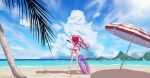  1girl arms_up ass back barefoot beach beach_umbrella bikini blue_sky cloud cloudy_sky commentary_request day detached_wings facing_away from_behind full_body halterneck highres hololive hololive_english innertube irys_(hololive) long_hair lyunree6161 mountainous_horizon nature ocean outdoors palm_tree red_hair sand scenery sky solo standing string_bikini summer swim_ring swimsuit tree umbrella virtual_youtuber water wide_shot wings 