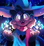  1boy black_skin blue_hat blue_robe blush colored_skin commentary deltarune english_commentary fangs furry furry_male glasses goat_boy goat_horns goldiesleepy hat highres horns horns_through_headwear male_focus opaque_glasses open_mouth pink_scarf ralsei ralsei_(hat) robe scarf skin_fangs solo sparkle upper_body utdr_(toby_fox) witch_hat 