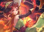  1girl bare_shoulders black_hat black_sleeves closed_mouth commentary_request detached_sleeves dragon_quest dragon_quest_iii dress earrings embers feet_out_of_frame fire from_side gloves green_dress hat holding holding_staff jewelry looking_at_viewer mage_(dq3) medium_hair merami orange_gloves pearl_earrings purple_sash pyrokinesis red_eyes sash solo staff strapless strapless_dress twitter_username witch_hat 