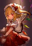  1girl blonde_hair bow bowtie chinese_commentary closed_eyes collared_shirt commentary_request crystal crystal_wings flandre_scarlet frilled_shirt_collar frills hat hat_bow highres holding holding_stuffed_toy mob_cap multicolored_wings one_side_up puffy_short_sleeves puffy_sleeves red_bow red_bowtie red_eyes red_skirt red_vest red_wrist_cuffs shirt short_sleeves shouxishao_jiuyuan skirt skirt_set solo stuffed_animal stuffed_toy teddy_bear touhou vest white_hat white_shirt wings wrist_cuffs 