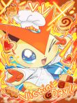  >_o blue_eyes blue_neckerchief checkerboard_cookie chef_hat commentary_request cookie double_v fangs fire food hat highres neckerchief no_humans one_eye_closed open_mouth pokemon pokemon_(creature) pokemon_cafe_remix runachikku shirt solo thumbprint_cookie v victini victini_(searing_chef) white_shirt 