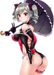  ashita_(2010) ass bad_id bad_twitter_id black_leotard breasts drill_hair idolmaster idolmaster_cinderella_girls kanzaki_ranko large_breasts leotard long_hair looking_back parasol race_queen red_eyes red_leotard silver_hair simple_background smile solo twin_drills twintails umbrella v 