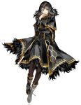  1girl black_boots black_cape black_capelet black_coat black_dress black_eyes black_hair boots cape capelet coat dress full_body fur-trimmed_coat fur-trimmed_dress fur_trim gold_trim hair_between_eyes hand_on_own_chin hexagon_print high_collar highres jewelry library_of_ruina light_blush migao0327 multiple_rings pantyhose project_moon ring simple_background smirk solo white_background zena_(project_moon) 