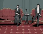  1boy 1girl black_hair black_jacket black_necktie black_pants black_suit bob_cut boots candle candlestand chair closed_eyes closed_mouth collared_shirt commentary couch crossed_legs cup flower formal_clothes full_body gghost0627 highres holding indoors jacket long_skirt long_sleeves necktie on_couch original pants shirt shoes short_hair sitting skirt suit table teacup teapot vase white_shirt 