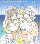  2girls bikini blush bracelet breast_press breasts cleavage commentary_request eyepatch_bikini front-tie_bikini_top front-tie_top goddess_of_victory:_nikke goggles goggles_on_head hair_over_one_eye highres huge_breasts jewelry making-of medium_hair multiple_girls naga_(nikke) naga_(ring_ensemble)_(nikke) necklace o-ring o-ring_bottom o-ring_top official_alternate_costume official_alternate_hairstyle official_art sarong shimamoto_non side-tie_bikini_bottom smile swimsuit tia_(nikke) tia_(sea_lizzie)_(nikke) triangle_bikini_top v 