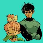  1boy 1girl aqua_background black_bodysuit black_hair blonde_hair bodysuit cloak commentary_request cropped_torso crossed_arms d_d_work dragon_quest dragon_quest_ii dress furrowed_brow gloves green_cloak hair_ribbon height_difference highres long_hair looking_at_another orange_dress ponytail prince_of_lorasia princess_of_samantoria ribbon short_hair smile tunic twitter_username white_ribbon 