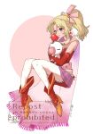  1girl blonde_hair boots border cape closed_mouth commentary_request creature detached_sleeves dress earrings final_fantasy final_fantasy_vi floating full_body gold_trim hair_bobbles hair_ornament hair_ribbon high_heel_boots high_heels highres holding holding_creature jewelry kiyu_q_p light_smile long_hair moogle pantyhose parted_bangs pink_background pink_cape pink_ribbon ponytail print_pantyhose purple_eyes red_boots red_dress red_sleeves ribbon sash short_dress solo strapless strapless_dress terra_branford twintails waist_sash white_border 