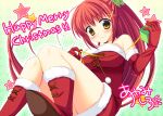  1girl ayamisiro boots box brown_eyes closed_mouth cross-laced_clothes dress elbow_gloves from_below fur-trimmed_boots fur-trimmed_dress fur_trim gift gift_box gloves hair_ornament holding holding_box lace-up_boots legs_together legs_up light_smile long_hair nanase_hikari_(natsu_koi_high_pressure) natsu_koi_high_pressure off_shoulder official_art pigeon-toed red_boots red_dress red_hair santa_costume simple_background sleeveless sleeveless_dress solo very_long_hair x_hair_ornament 