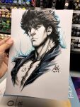  1boy art_tools_in_frame artist's_hand_in_frame aura black_hair closed_mouth commentary cropped_torso english_commentary hokuto_no_ken kenshiro looking_at_viewer male_focus manly marker_(medium) photo_(medium) signature solo stanley_lau traditional_media white_background 