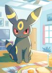  absurdres animal_focus black_fur bread bread_slice colored_sclera cup egg food fork full_body highres indoors juice komanychi looking_at_viewer no_humans photo_(object) picture_frame pokemon pokemon_(creature) pokemon_focus red_eyes red_sclera sitting table tail television toast umbreon 