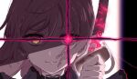  1girl amahara_subaru close-up closed_mouth commentary_request dead_ma'am's_chest_(houshou_marine) glowing glowing_eye grey_hair heterochromia highres holding holding_weapon hololive houshou_marine long_hair solo virtual_youtuber weapon 