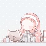  1girl animal_ear_headband animal_ears applying_makeup applying_own_makeup black_eyes blush_stickers bottle cat cat_ears chibi chinese_commentary commentary_request compact_(cosmetics) cosmetics elbows_on_table forehead fur_headband grey_background headband heart holding holding_compact interruption_(echo-023) long_hair long_sleeves looking_at_reflection mirror nikki_(nikki) nikki_(series) no_mouth pink_hair polka_dot polka_dot_background powder_puff puffy_long_sleeves puffy_sleeves shining_nikki solid_oval_eyes solo sweater turtleneck turtleneck_sweater upper_body very_long_hair white_headband white_sweater 