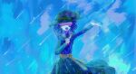  1girl dress green_dress green_hat hat highres holding holding_microphone kirby_(series) kirby_and_the_forgotten_land long_sleeves meteor_shower microphone neichel_(kirby) open_mouth shaded_face shooting_star short_hair solo star-crossed_world star_(sky) yi266433 