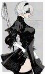  1girl 2b_(nier:automata) black_dress black_feathers black_gloves black_headband black_thighhighs blindfold bob_cut border breasts closed_mouth commentary cowboy_shot dress feather-trimmed_sleeves feather_trim feathers from_side gloves grey_background grey_hair headband highres juliet_sleeves lips long_sleeves medium_breasts nier:automata nier_(series) nishiii26miii outside_border puffy_sleeves short_hair side_slit solo sword sword_on_back thighhighs thighs turtleneck turtleneck_dress weapon weapon_on_back white_border 