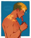  1boy arm_up border bracelet character_name collarbone commentary english_commentary english_text food from_side green_hair highres holding holding_food holding_popsicle jewelry kr_(k_r_xx) looking_ahead male_focus medium_sideburns nipples notice_lines one_piece outside_border pectorals popsicle profile roronoa_zoro short_hair sideburns solo speech_bubble topless_male very_short_hair white_border 