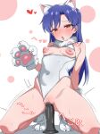  animal_ears animal_hands bar_censor blue_hair breasts brown_eyes cat_ears censored commentary_request dildo highres idolmaster idolmaster_(classic) imminent_penetration kisaragi_chihaya large_areolae mitsunashi_ringo nipples sex_toy small_breasts squatting 
