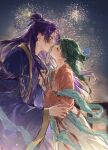 1boy 1girl aerial_fireworks blue_bow blue_ribbon blush bow chinese_clothes closed_eyes commentary curtained_hair fireworks green_hair hair_bow hair_bun hair_ornament hair_ribbon hair_stick half_updo hand_fan hanfu hetero highres holding holding_fan jinshi_(kusuriya_no_hitorigoto) kiss kusuriya_no_hitorigoto long_hair maomao_(kusuriya_no_hitorigoto) purple_eyes purple_hair purple_hanfu red_hanfu ribbon yuikisezu 