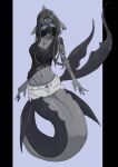 1girl 708oresu absurdres aqua_background arm_tattoo black_border black_flower black_rose black_sclera black_skin black_tank_top blue_eyes border breasts cleavage colored_sclera colored_skin commentary_request cross cross_necklace earrings fins fish_tail flower flower_tattoo full_body grey_hair grey_skin grey_theme head_fins highres hoop_earrings jewelry large_breasts looking_at_viewer mask medium_hair merfolk mermaid monster_girl mouth_mask multicolored_skin navel navel_piercing necklace original piercing rose short_shorts shorts shoulder_tattoo simple_background solo stomach tail tank_top tattoo two-tone_skin white_shorts 
