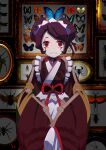  1girl absurdres antennae apron arthropod_girl arthropod_limbs beetle bow brown_kimono bug butterfly closed_mouth commentary double_bun english_commentary entoma_vasilissa_zeta fangs framed_insect hair_bun highres japanese_clothes kimono kym1 looking_at_viewer maid maid_apron maid_headdress monster_girl obijime overlord_(maruyama) picture_frame purple_hair red_bow red_eyes scorpion skin_fangs smile solo spider white_apron white_headdress 