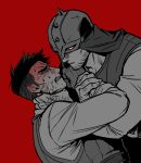  2boys arms_up beard belt bounty_hunter_(darkest_dungeon) clenched_teeth clothes_grab commentary_request darkest_dungeon dd_pepekang dutch_angle eye_contact facial_hair greyscale_with_colored_background helm helmet highres highwayman_(darkest_dungeon) korean_commentary long_sleeves looking_at_another male_focus multiple_boys parted_lips red_background short_hair simple_background spiked_helmet strangling teeth veins veiny_face very_short_hair vest 