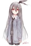  artist_name black_hair black_legwear cardigan dated hair_between_eyes hair_ornament hair_ribbon hairclip long_hair necktie open_cardigan open_clothes original otokuyou pantyhose red_eyes ribbon signature simple_background skirt solo white_background 