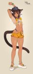  1boy absurdres animal_ear_fluff arm_behind_back arm_up artist_logo artist_name black_hat bracelet brown_eyes brown_hair bucket_hat cat_boy collarbone commentary commission crossdressing dark-skinned_male dark_skin english_commentary flower full_body hair_between_eyes hat highres jewelry legs logo looking_at_viewer male_focus matemi navel original oskar_(coffee.png) sandals second-party_source see-through_clothes see-through_shirt shirt short_hair short_shorts shorts simple_background smile solo standing stomach thighs wet white_background yellow_flower 