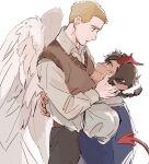 2boys all_saints_street angel_wings blue_vest braid brown_hair brown_vest commentary_request demon_tail feathered_wings highres horns hug lifting_person looking_at_another lynn_angel male_focus multiple_boys nick_holt open_mouth red_horns short_hair tail tensoba20230223 vest white_background wings yaoi 