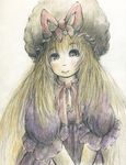  blonde_hair choker commentary_request dress graphite_(medium) hands_together hat hat_ribbon long_hair mob_cap nanashi_no_yosei puffy_short_sleeves puffy_sleeves purple_dress purple_eyes ribbon ribbon_choker short_sleeves smile solo touhou traditional_media very_long_hair watercolor_(medium) yakumo_yukari younger 