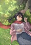  1boy 1girl black_hair blue_skirt breasts cardigan commentary_request eren_yeager grass grey_eyes grey_shirt highres long_hair long_skirt looking_at_another lying medium_breasts mikasa_ackerman nishikigi0000 on_back outdoors parted_lips pink_cardigan pleated_skirt ponytail red_scarf scar scar_on_cheek scar_on_face scarf shingeki_no_kyojin shirt skirt smile tree twitter_username under_tree white_shirt 
