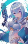  1girl absurdres armor armpits blue_cape blue_eyes blue_hair bodysuit breasts cape clothing_cutout commentary_request dreizehn_(shadowverse) dual_wielding gloves gun hair_over_one_eye highres hip_armor hip_bones holding holding_gun holding_weapon hood hooded_cape kuroelery9625 large_breasts looking_at_viewer shadowverse shadowverse:_worlds_beyond short_hair shoulder_armor side_cutout simple_background solo two-sided_cape two-sided_fabric upper_body weapon white_background white_gloves 