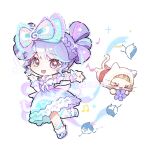  >_< 1girl ankle_ribbon back_bow bare_shoulders beads blue_bow blue_bowtie blue_dress blue_ribbon blue_wrist_cuffs bow bow-shaped_hair bowtie braid cherilynorz chibi chinese_commentary cloak collar commentary_request detached_collar dot_nose double_bun dress drumbeat_wonders_(infinity_nikki) ear_covers eyelashes floating flower footwear_bow frilled_dress frilled_sleeves frilled_wrist_cuffs frills hair_beads hair_bow hair_bun hair_ornament half_up_half_down_braid hand_up happy headband highres holding holding_flower hood hood_up hooded_cloak infinity_nikki jewel_under_eye large_bow leg_ribbon light_particles looking_at_viewer medium_dress momo_(nikki) multicolored_hair multicolored_headband musical_note musical_note_hair_ornament night_heron_wanderer_(infinity_nikki) nikki_(series) off-shoulder_dress off_shoulder official_alternate_costume open_mouth outstretched_arm purple_bow purple_dress purple_eyes purple_flower purple_hair purple_shoes purple_wrist_cuffs red_sash ribbon sash shoes short_hair short_sleeves smile socks sparkle star_(symbol) star_in_eye streaked_hair striped_bow striped_clothes striped_dress symbol_in_eye treble_clef two-tone_dress two-tone_wrist_cuffs vertical-striped_clothes vertical-striped_dress waist_sash whiskers white_background white_cloak white_collar white_socks wrist_cuffs 