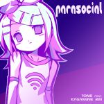  1girl blush_stickers bow_hairband commentary detached_sleeves english_commentary hair_ornament hairband hairclip head_tilt highres kagamine_rin medium_hair negiwave2000 official_art parallel_hairclips parasocial_(vocaloid) purple_theme solo song_name tank_top upper_body vocaloid wi-fi_symbol 