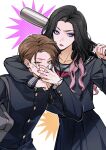  1boy 1girl absurdres adjusting_eyewear animification arm_around_neck bag baseball_bat black_hair black_jacket black_sailor_collar black_serafuku black_shirt black_skirt braid brother_and_sister chinese_commentary collared_shirt commentary_request eyeshadow frown furrowed_brow gakuran glotta_stomach grey_bag highres jacket kamen_rider kamen_rider_gavv:_graduations kamen_rider_gavv_(series) lipstick long_hair makeup neckerchief nyelv_stomach open_mouth orange_nails outline parted_lips pink_hair pink_lips pink_nails pleated_skirt purple_eyes purple_eyeshadow red_nails red_neckerchief sailor_collar school_uniform serafuku shirt short_hair shoulder_bag siblings side_braid simple_background single_braid skirt sweat wavy_hair white_background white_outline ye_shuang yellow_eyes 