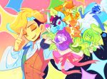  2girls 2others 3boys 7_colored_flowers_(deltarune) animal_ears aqua_(deltarune) blue_(deltarune) book bouquet boxing_gloves closed_eyes closed_mouth commentary_request cowboy_hat deltarune facing_viewer fairy_wings flowery_(deltarune) fried_egg green_(deltarune) hat hbm_3456 highres holding holding_book holding_bouquet holding_hands holding_pan knife korean_commentary long_sleeves looking_at_viewer mouse_(animal) mouse_ears mouse_tail multiple_boys multiple_girls multiple_others open_book open_mouth orange_(deltarune) ponytail seth_(deltarune) smile sparkle tail tutu utdr_(toby_fox) wings yellow_(deltarune) 