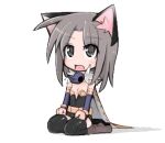  1girl alchemist_(ragnarok_online) animal_ears black_dress black_thighhighs blue_sleeves blush boots brown_boots brown_cape brown_eyes brown_hair cape cat_ears cat_girl chibi chibi_only commentary_request detached_sleeves dress full_body fur_collar lowres medium_hair morino_donguri open_mouth ragnarok_online seiza simple_background sitting smile solo strapless strapless_dress thighhighs transparent_background 